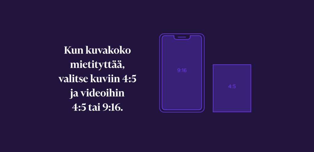 Kun kuvakoko mietityttää, valitse kuviin 4:5 ja videoihin 4:5 tai 9:16. 