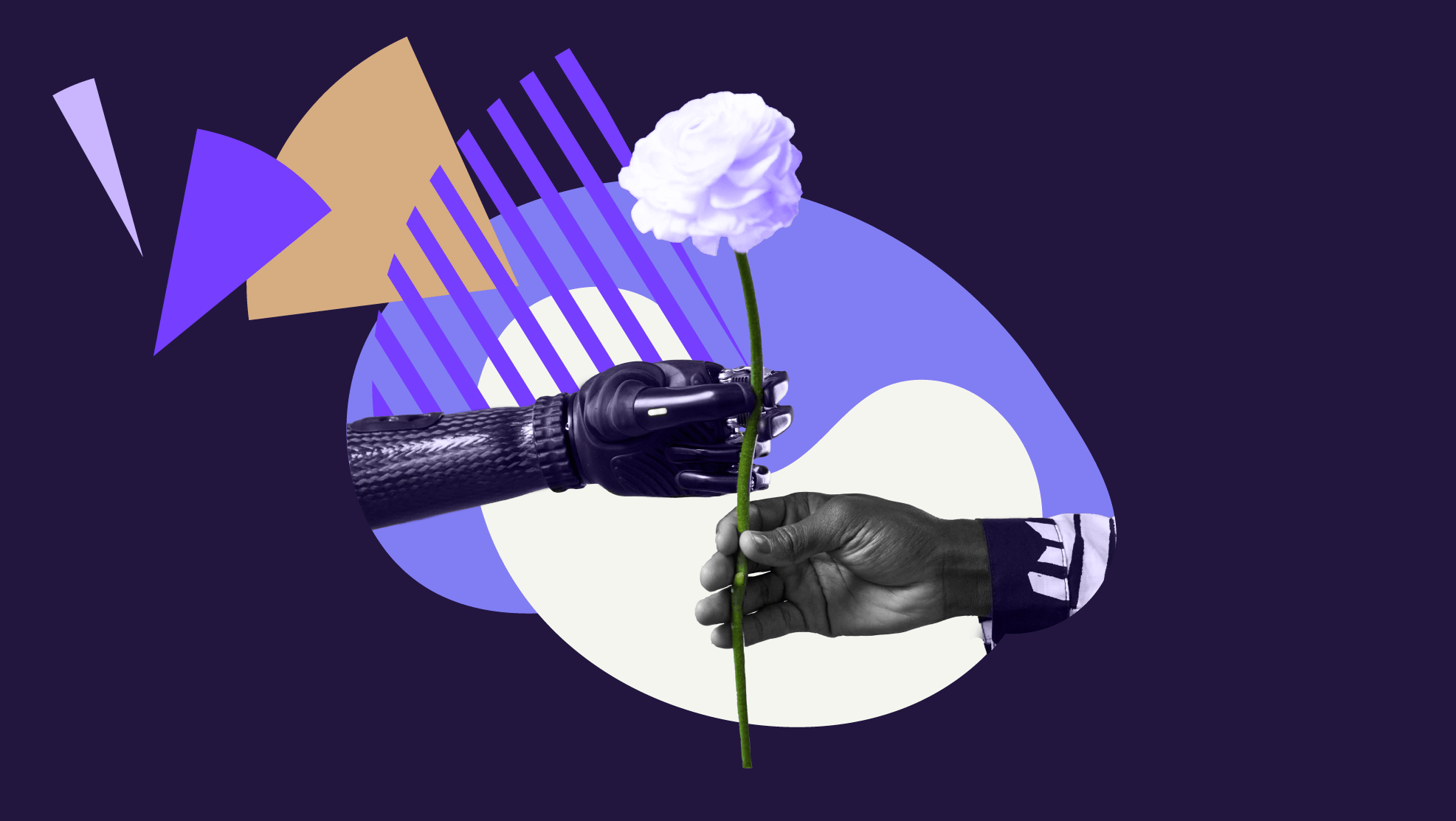 Artikkelikuva robottikäsi ja ihmiskäsi pitelevät kukkaa.